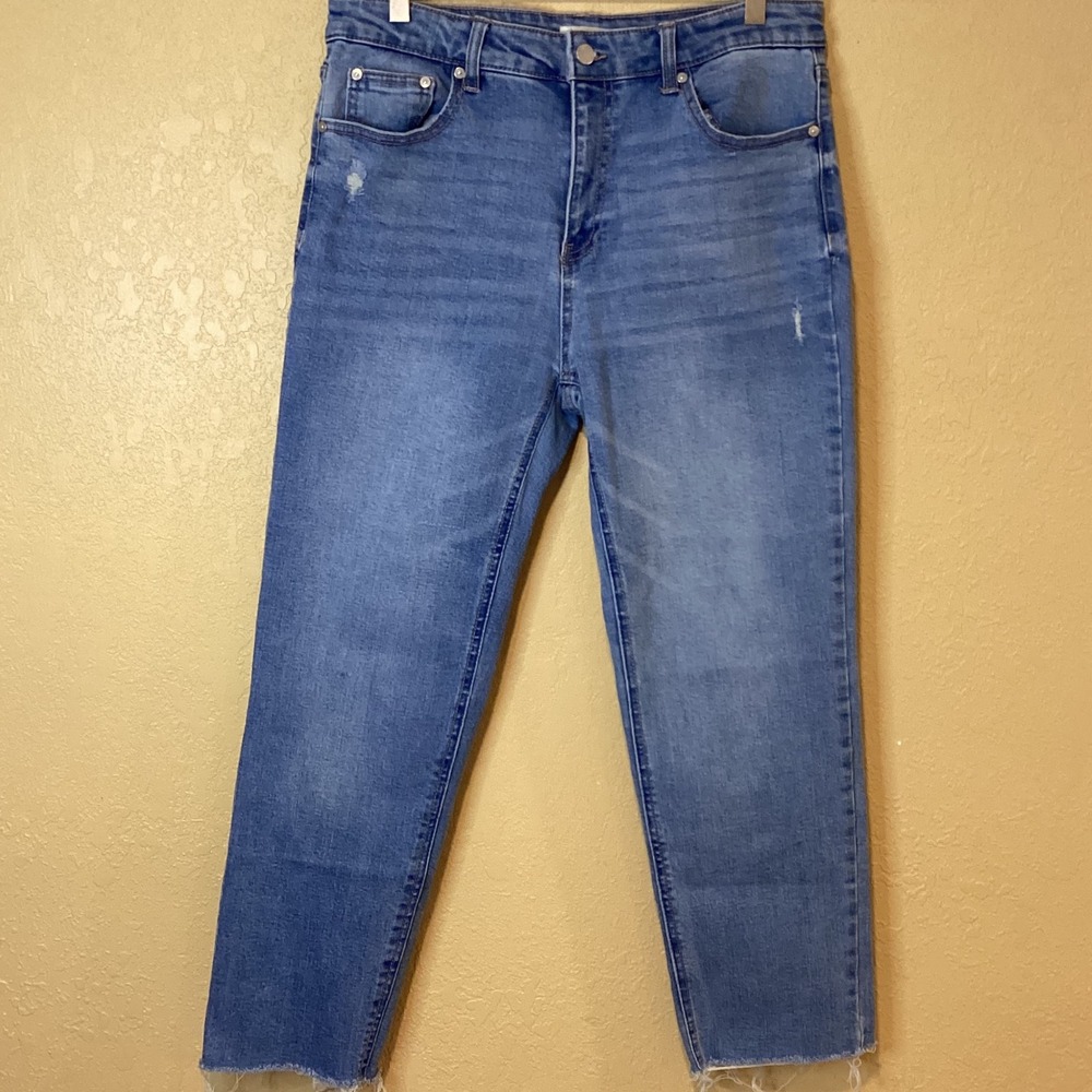 Oat New York Medium Denim High Waist Straight‎ Leg Frayed Hem Jeans, Size 10/30